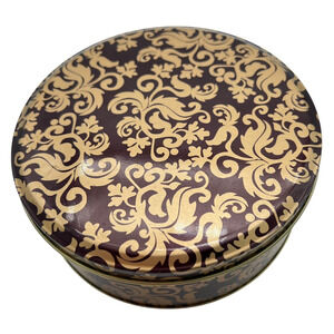 Vintage Round Gold Brown Metal Trinket Box Gift Tin Storage Ornate Leaf Pattern